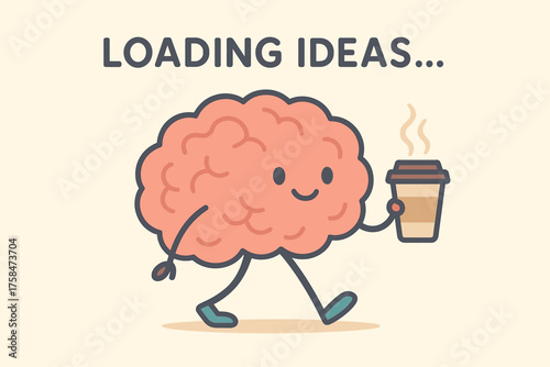 Funny banner of walking brain holding coffee with text LOADING IDEAS… flat vector illustration style pastel colors intellectual humor friendly design