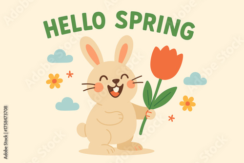 Funny banner of bunny holding tulip with text HELLO SPRING colorful flat vector illustration style soft tones cheerful vibe clean minimal design