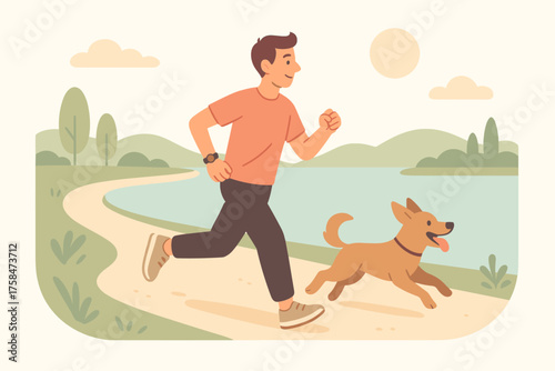 jogging with his energetic dog along riverside trail both enjoying the fresh morning air flat vector illustration style soft pastel colors isolated on white background