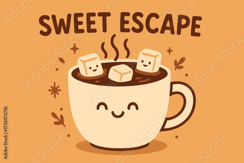 Funny banner of cup of hot chocolate with marshmallows and text SWEET ESCAPE flat vector illustration style warm tones cozy winter mood clean layout
