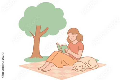 woman relaxing on picnic blanket reading book while her dog naps beside her under tree flat vector illustration style soft pastel colors isolated on white background