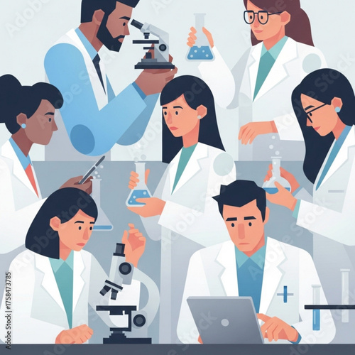 Group of scientists conducting research in laboratory with microscopes and beakers, collaborating on experiments to advance scientific knowledge and innovation.