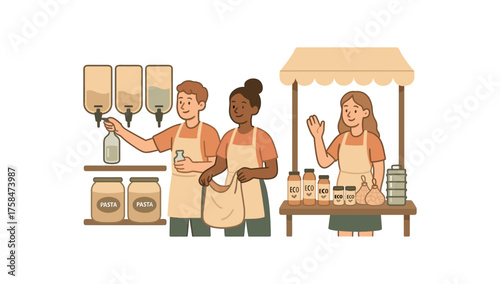 volunteering at community zero contain market with refill stations and eco stalls flat vector illustration style soft pastel colors isolated on white background