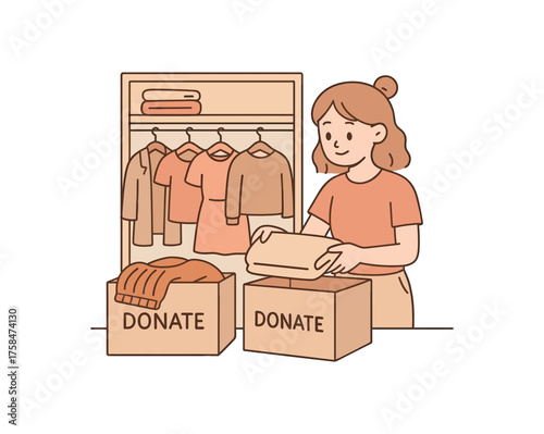girl organizing her wardrobe and donating clothes into labeled boxes flat vector illustration style soft pastel colors isolated on white background