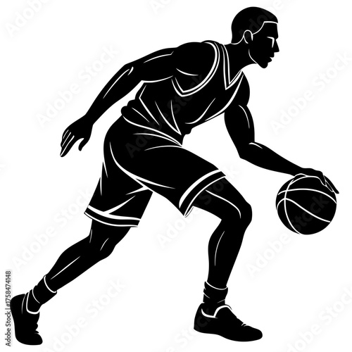 Dynamic silhouette vector illustration of a basketball player dribbling a ball side profile