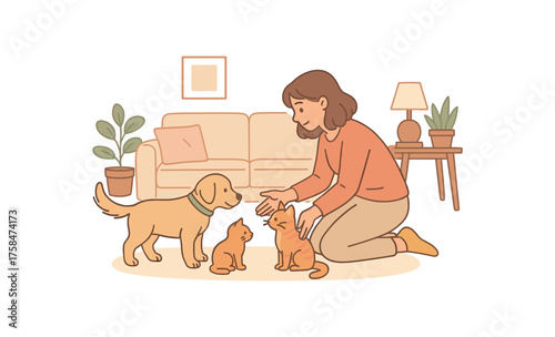 woman introducing her dog and cat to each other for the first time cozy living room flat vector illustration style soft pastel colors isolated on white background
