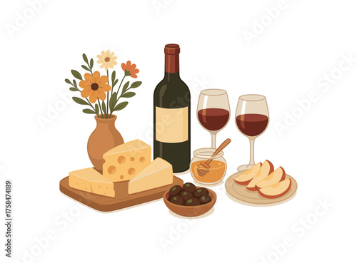 wine bottle and two glasses with red wine cheese platter with swiss cheese and parmesan small jar of honey with dipper bowl of olives sliced apples on plate vase with flowers flat vector