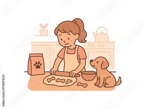 girl baking homemade dog treats the kitchen while her curious puppy watches eagerly flat vector illustration style soft pastel colors isolated on white background