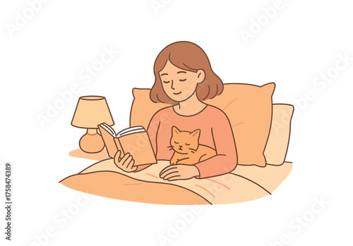 girl cuddling sleepy kitten while reading book bed with soft warm lighting flat vector illustration style soft pastel colors isolated on white background