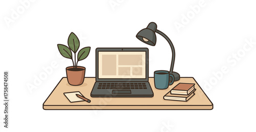 home office desk remote work flat vector illustration style isolated on white background