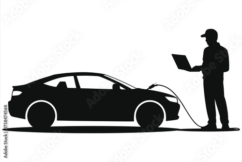 Black and white silhouette of a mechanic using a laptop for car diagnostics, minimalist vector art for automotive technology, repair, or service concepts.