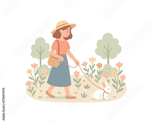 woman taking her rabbit for gentle walk on leash park full of blooming flowers flat vector illustration style soft pastel colors isolated on white background