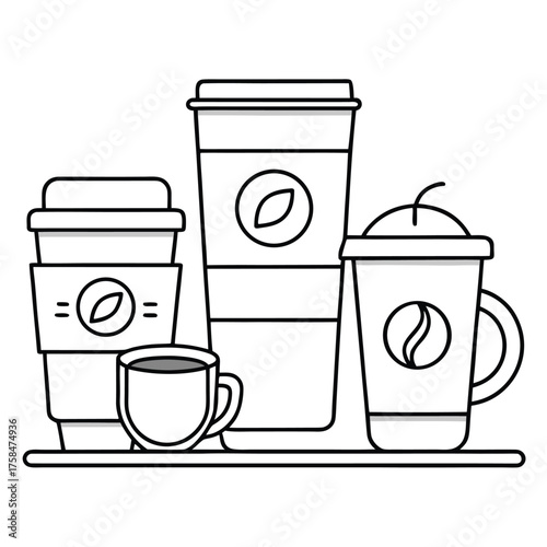 Vector illustration of an isolated set of coffee cups, a single mug, and a paper take-out container with a lid and drink