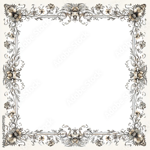 Vintage floral frame with intricate details isolated on white background, perfect for adding a touch of elegance