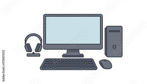desktop setup tech flat vector illustration style isolated on white background
