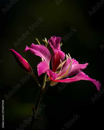 Fotografía vibrant pink and purple orchid-like flowers and distinctive bilobed leaves