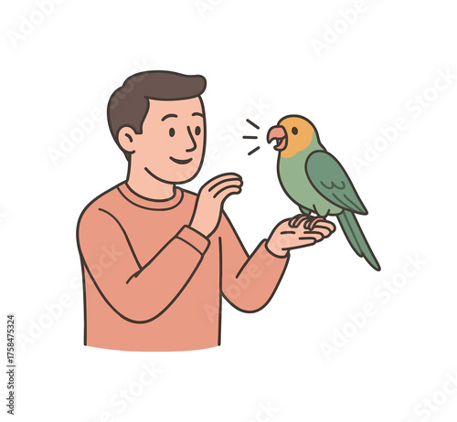 training parrot to perch on his hand while it repeats words cheerfully flat vector illustration style soft pastel colors isolated on white background