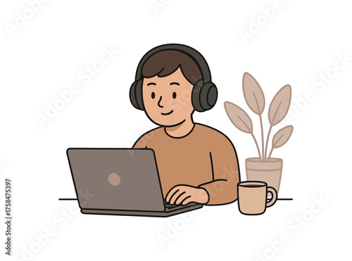 headphones remote work flat vector illustration style isolated on white background