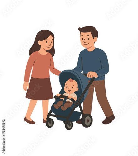 baby stroller family life flat vector illustration style isolated on white background
