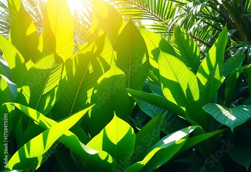 Lush green tropical leaves, diverse textures and shapes, vibrant sunlight,  illustration,  texture