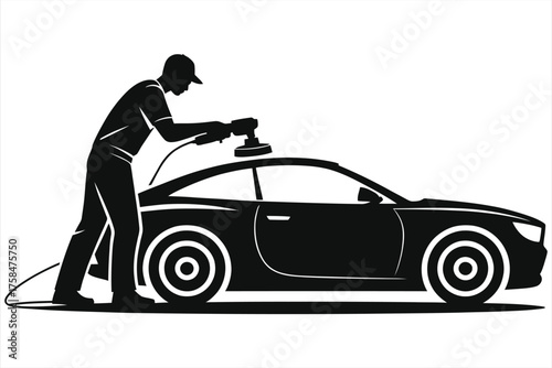 Silhouette of Auto Detailer Polishing Car Roof with Buffer - Black and White Vector Graphic for Car Care and Vehicle Detailing Services