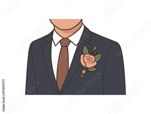 groom boutonniere wedding flat vector illustration style isolated on white background