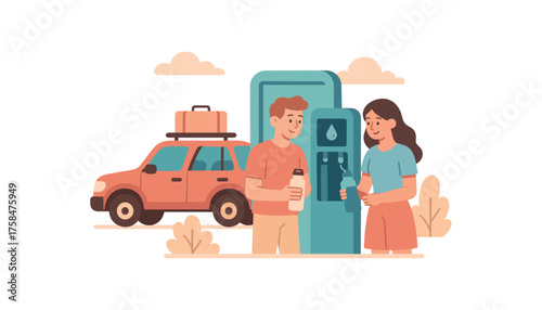 couple on road trip refilling their reusable water bottles at highway refill station flat vector illustration style soft pastel colors isolated on white background