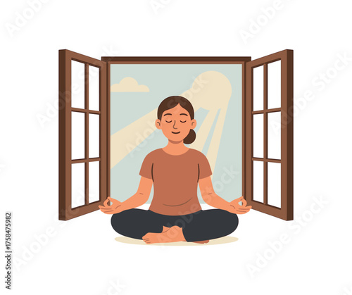 open window with sunlight mindfulness flat vector illustration style isolated on white background