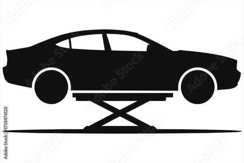 Car on Lift - Automotive Repair Icon, Vehicle Maintenance Silhouette, Black & White Vector, Garage Service, Auto Industry Graphic, Modern Car Design