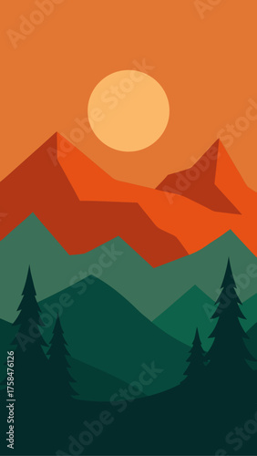 Landscape view of mountains trees and sun illustration