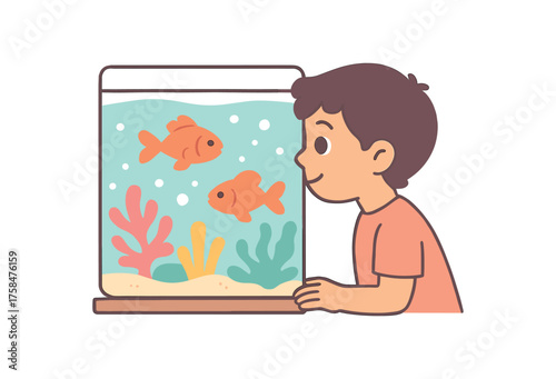 boy watching fish swim home aquarium fascinated by colorful corals and bubbles flat vector illustration style soft pastel colors isolated on white background