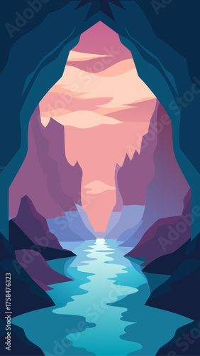 Cave opening revealing a river and mountain view