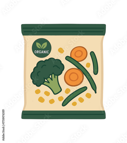 frozen vegetables bag with organic certified symbol flat vector illustration style isolated on white background