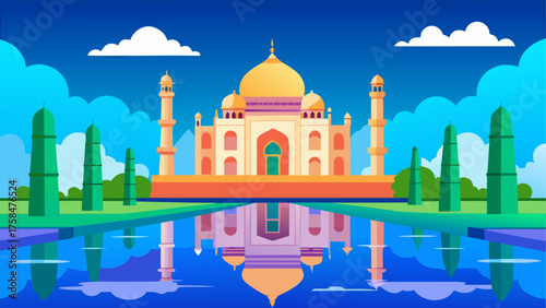 Illustration of taj mahal with reflection in water