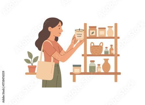 girl choosing handmade candle labeled toxin free at sustainable home goods shop flat vector illustration style soft pastel colors isolated on white background