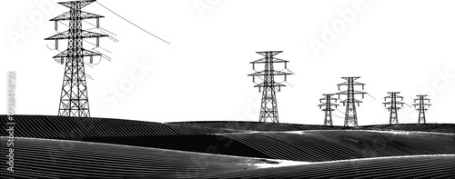 High voltage electricity transmission towers on hilly landscape, black and white vector illustration of power lines, energy infrastructure, industrial landscape design