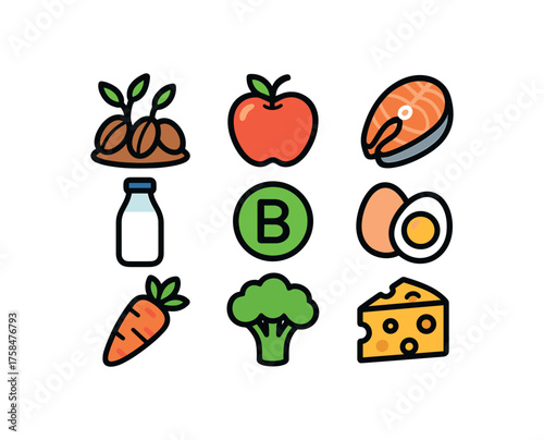 food nutrition colorful icon set with bold outline style including sprouted grains isolated on white background