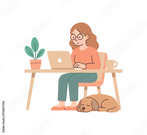 woman working from home at her laptop with her dog sleeping at her feet flat vector illustration style soft pastel colors isolated on white background