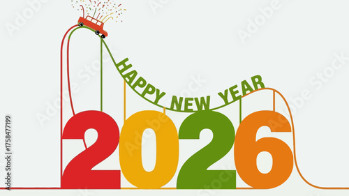 Happy new year 2026 roller coaster celebration with confetti