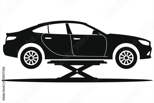 Professional Black and White Car Lift Illustration, Auto Repair Shop Graphic, Vehicle Maintenance Hydraulic Jack, Minimalist Automotive Service Icon for Websites, Logos, and Print Media.