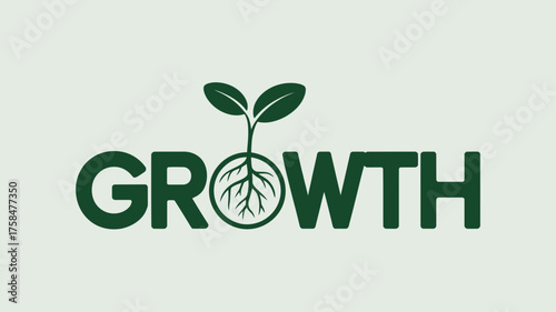 The word growth with a sprout and roots growing from the letter o
