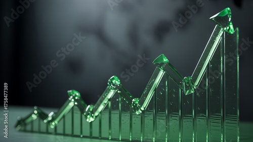 Green glass bar chart showing upward trend and growth on a dark background