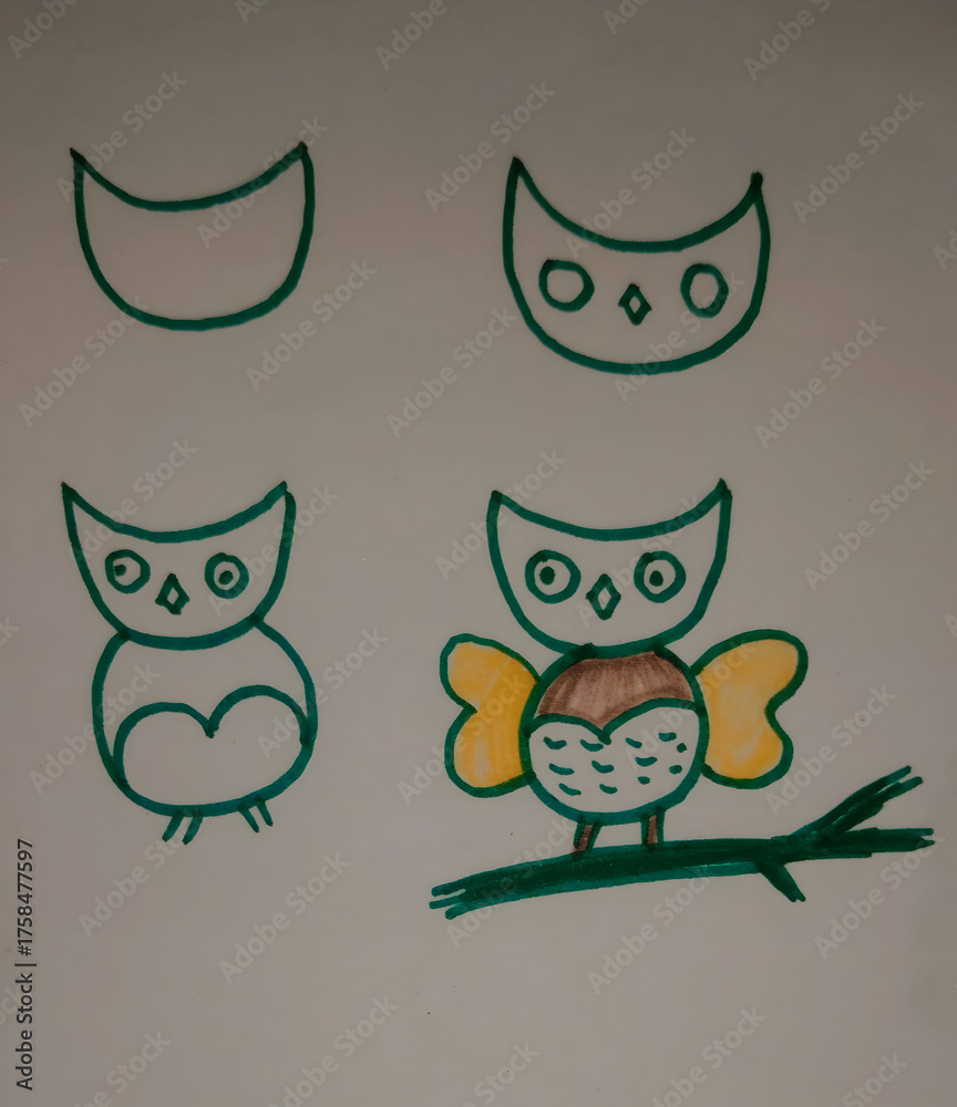 Fototapeta premium Stepbystep drawing guide showcasing how to draw a cartoon owl with simple shapes and colors on white background for kids and beginners tutorial art project