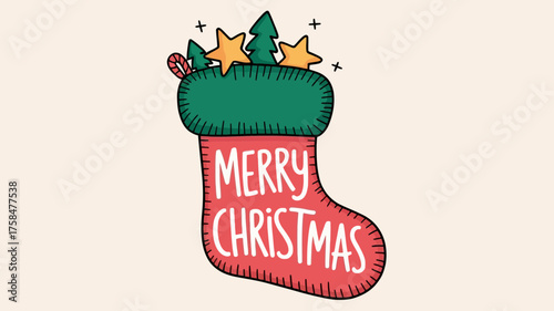 Hand drawn merry christmas stocking filled with festive decorations