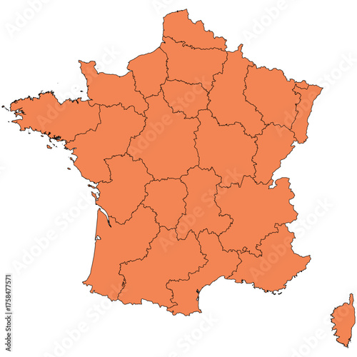 Editable vector silhouette of France, including the island of Corsica and separated into mainland administrative districts.