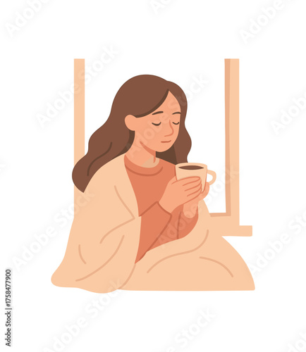 young woman enjoying slow morning with cup of coffee by the window wrapped warm blanket flat vector illustration style soft pastel colors isolated on white background