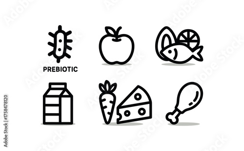 food nutrition icon set with bold black outline style including prebiotic isolated on white background simple shadows minimal details clean vector look