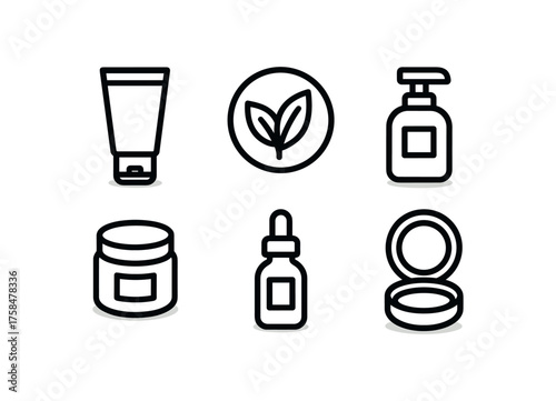 cosmetic icon set with bold black outline style including natural origin isolated on white background simple shadows minimal details clean vector look