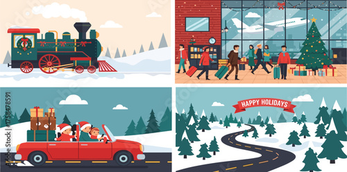 Winter Holiday Transportation Train, Airport, Car, Road, Scenes for Festive Season Celebrations