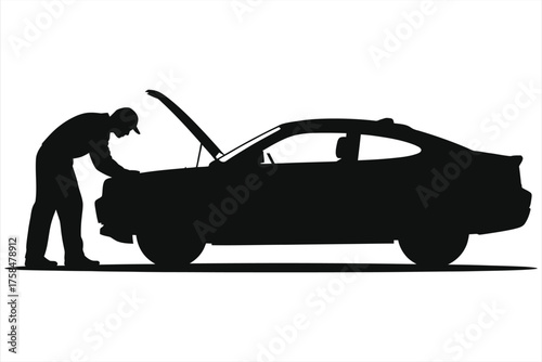 Mechanic Inspecting Open Car Hood – Auto Repair, Engine Check, Vehicle Maintenance, Professional Mechanic at Work, Automotive Service, Silhouette Illustration, Workshop Scene, Car Diagnosis